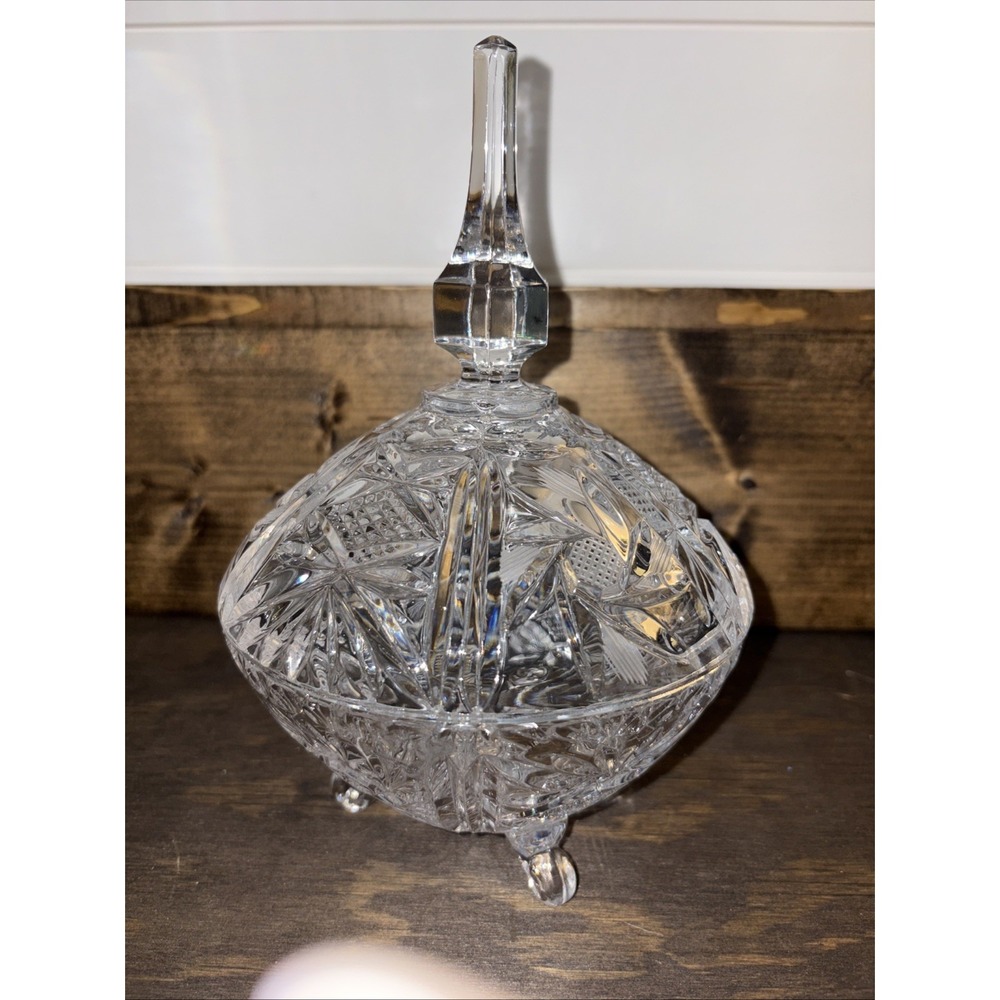 Vintage Footed Cut Crystal Candy Dish Bowl with Lid Hollywood Regency